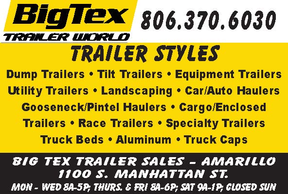 Big Tex Trailer Sales in Amarillo offers a wide selection of trailers and truck accessories for work, farming, ranching, construction, and recreation. Their inventory includes dump trailers, tilt trailers, equipment trailers, utility trailers, landscaping trailers, car haulers, gooseneck and pintle haulers, cargo and enclosed trailers, race trailers, specialty trailers, truck beds, aluminum trailers, and truck caps. Conveniently located at 1100 S. Manhattan Street in Amarillo, Big Tex Trailer Sales provides quality trailer solutions for customers across the Texas Panhandle and surrounding areas. Call 806-370-6030 for inventory and pricing information. PN50663