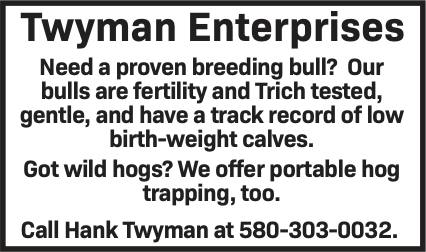 Twyman Enterprises offers proven breeding bulls that are fertility and Trich tested, gentle, and backed by a track record of producing low birth-weight calves. The company also offers portable hog trapping for property owners dealing with wild hog problems. Call Hank Twyman at 580-303-0032 for more information. PN50943